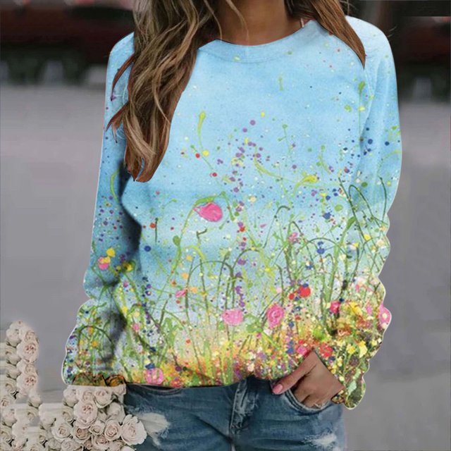 Nouveaux Hauts pour Femmes 2023 Mode Dames Chandail en Molleton à Manches Longues Col Rond Imprimé Blouse Pull-Over Coupe Décontractée Chandail en Molleton Oversize pour Femmes