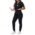thumbnail image 3 of Minjewel Women's V-Neck Short Sleeve Scrub Set with Tie-Up Top & Waist Cinching, Flattering Scrubs for Women Nurses & Caregivers,Black L, 3 of 6