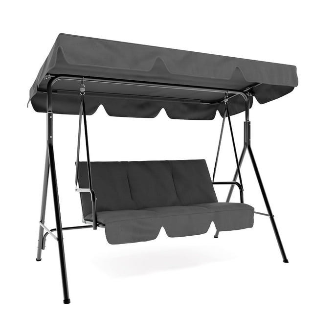 Outdoor Swing Chair with Adjustable Canopy,3-Seat Outdoor Porch Swing,Stand & Adjustable Canopy, Metal Frame with Removable Cushions, Powder-Coated Steel Frame, for Backyard, Garden, Porch