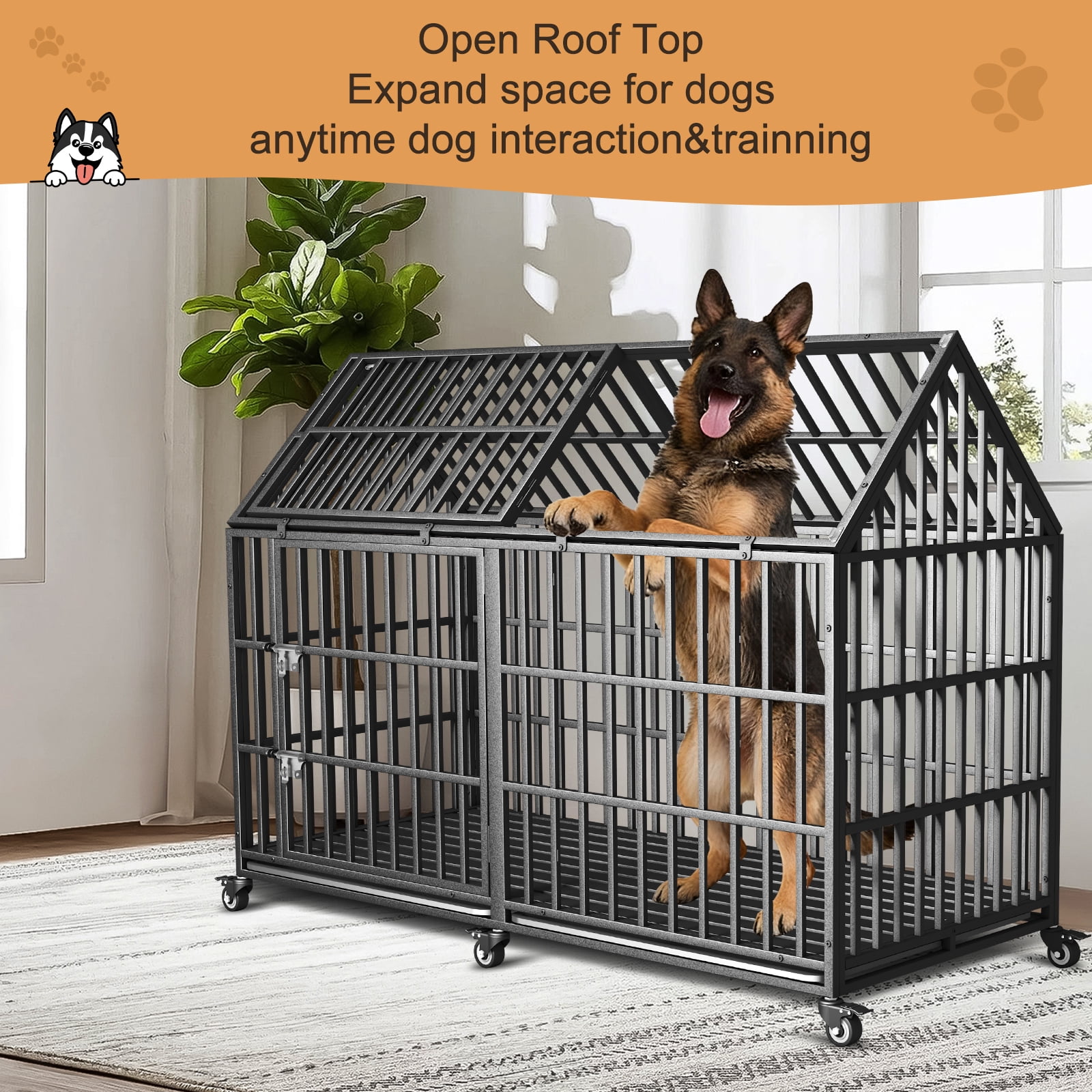 64'' Heavy Duty Dog Crate, Extra Large Dog Cage for Large Dogs, Indestructible Dog Crate, Dog Kennel Indoor for Two Dogs