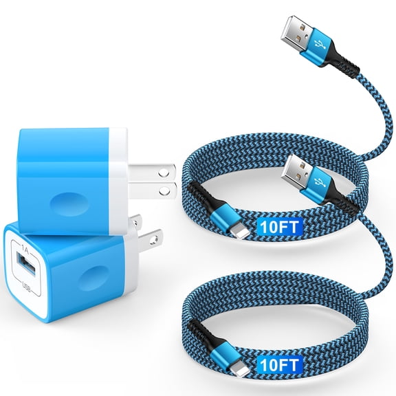 HAOANO USB Charger Block,2Pack Android Charger Block USB Power Adapter USB Wall Plug Fast Charging Block w/ USB Charging Cable 10FT Charger Cable Cords 10Feet Compatible for iPhone 14 13 12 11,Blue