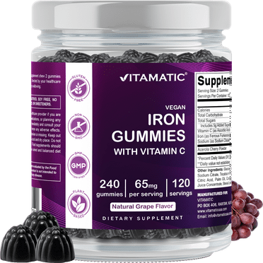 Vitamatic Iron 65 mg Gummies Supplement for Women & Men - 240 Vegan Gummies - Great Tasting Iron Gummy Vitamins with Vitamin C