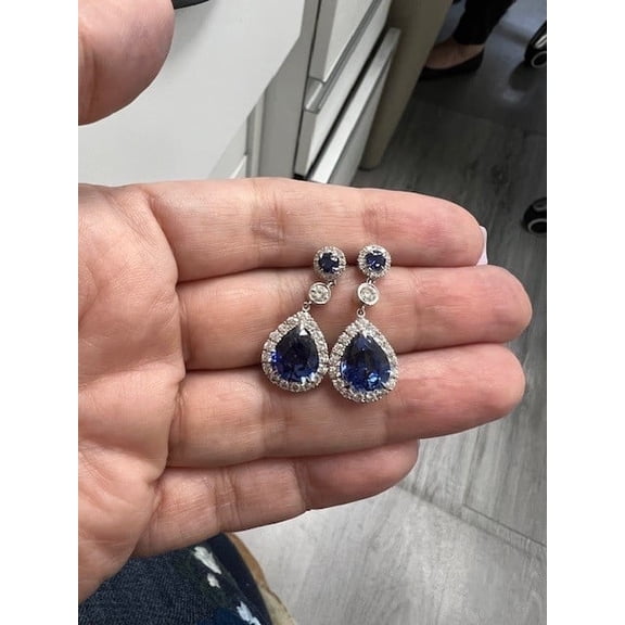 Diana M 14Kt Sapphire Drop Earrings With 7.46 Sapphire Pear Shape And 1.42Ct Diamond Halo