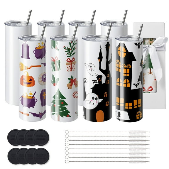 KFFKFF Set of 8, 30 Oz Sublimation Mugs, Slim Straight Stainless Steel Blank Cups, Dual-Walled Steel Tumbler for Heat Transfer Personalized Presents, Includes Lid, Straw, and Gift Box