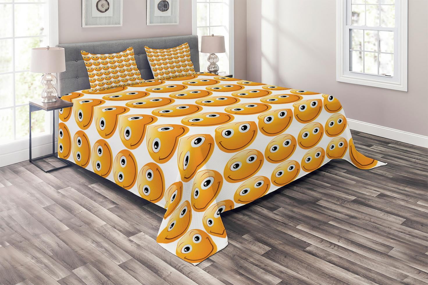 Emoji Coverlet Set Queen Size, Smiley Technologic Modern Happy Loving
