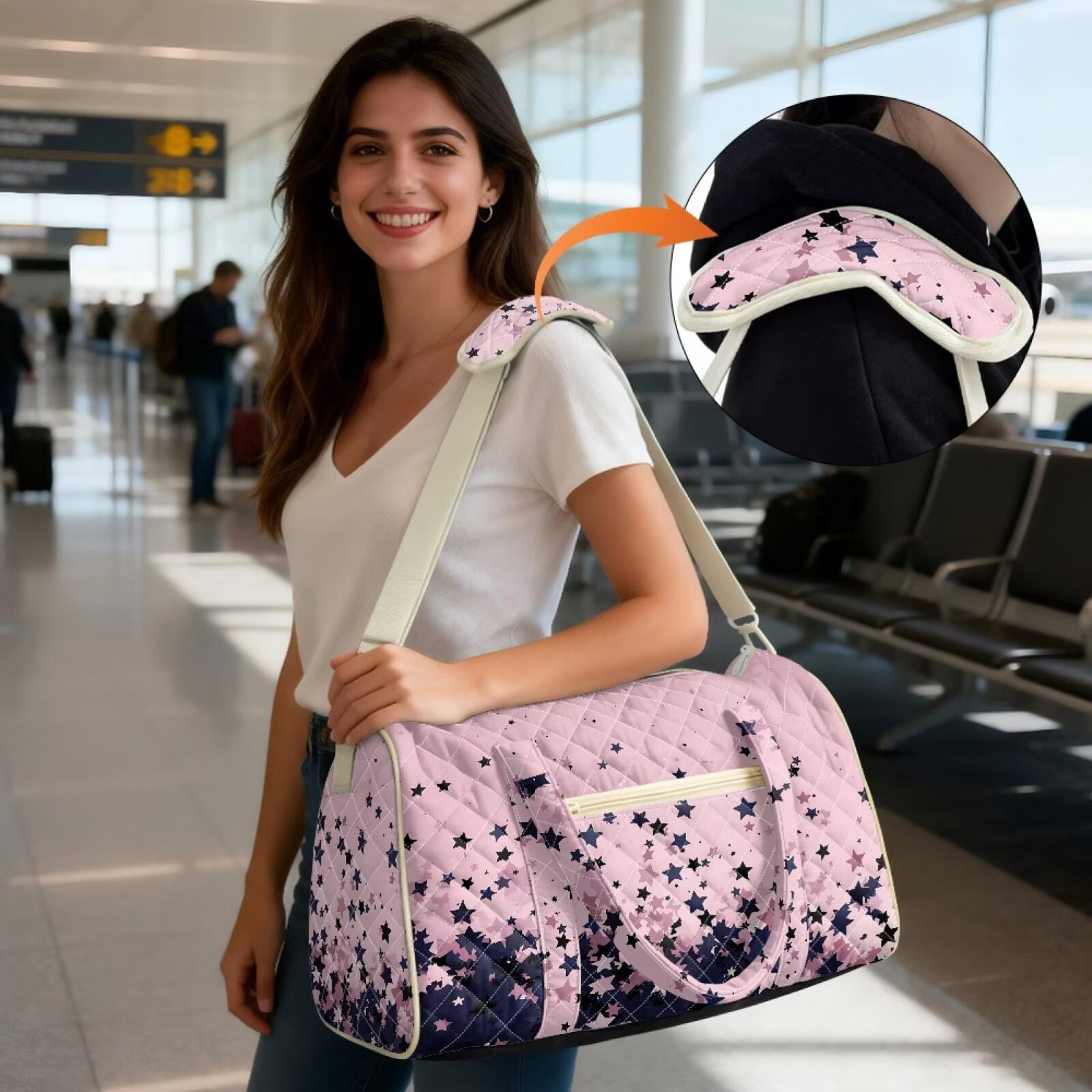 Chririnla Black Star on Pink Print Large Luggage Bag for Airplanes with Large Capacity & Separate Compartment, Travel Duffel Bags