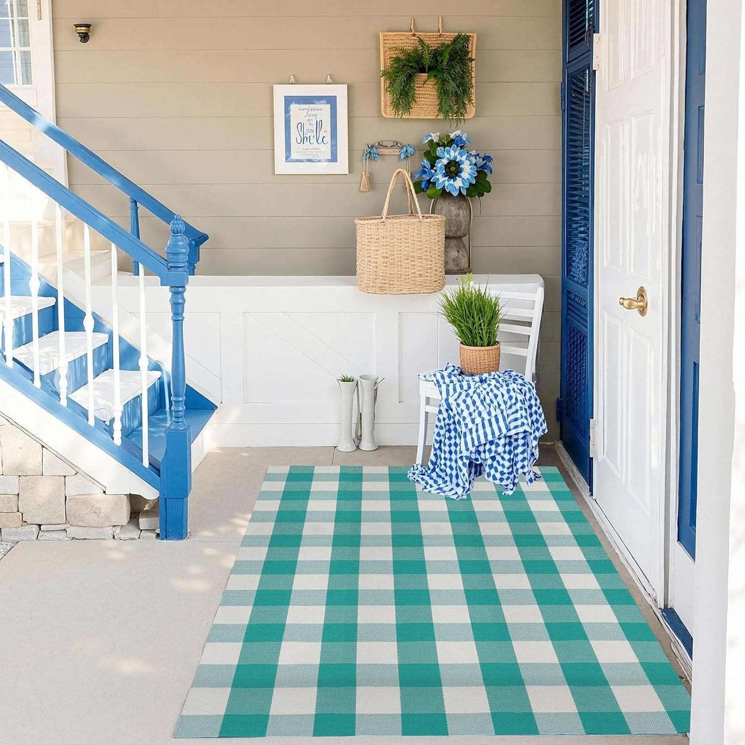 AllWays Plaza Buffalo Plaid Outdoor Rug 4'x6' Light Blue and White Checkered Area Rug Washable Doormat Cotton Boho Bedroom Rug for Kitchen Entryway Hallway Front Door Farmhouse Living Room