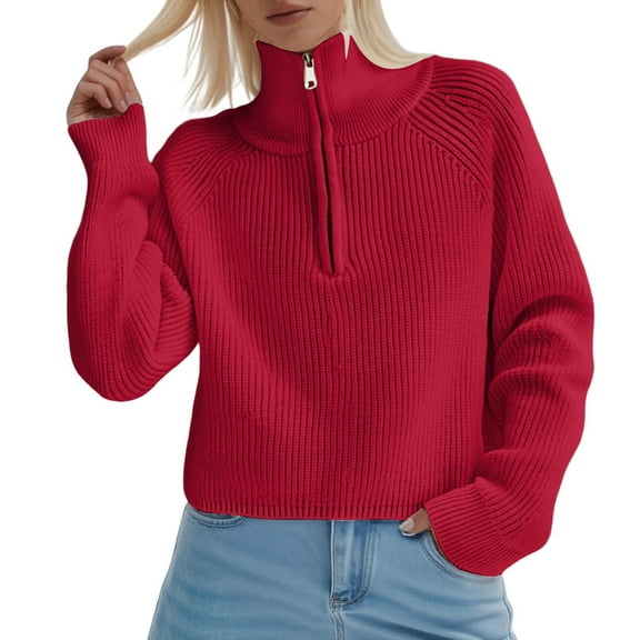 Cardigan Sweaters for Women, Short Lazy Style Half Zip High Neck Pullover Sweater For Fall And Winter Soft Loose Knit Top For Effortless Wear, Women's Sweaters(Red,A)