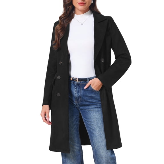 INSPIRE CHIC Women's Faux Suede Trench Coat Notched Lapel Double Breasted Mid-Long Overcoat Fall Winter Jacket with Belt XS Black