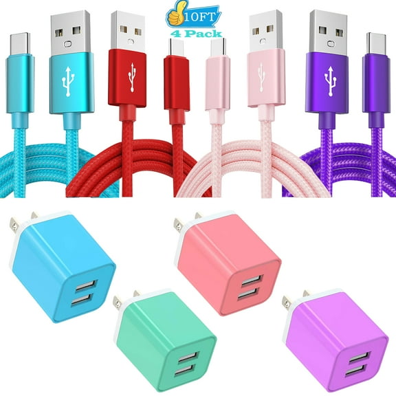 4Pack Charger Block,Type C Charger Fast Charging Cable 10 Feet AlmosTen High Speed Android Phone Charger Block Plug Adapter 2.4A Dual Port USB Wall Charger Block with(Type C Charger 10ft)
