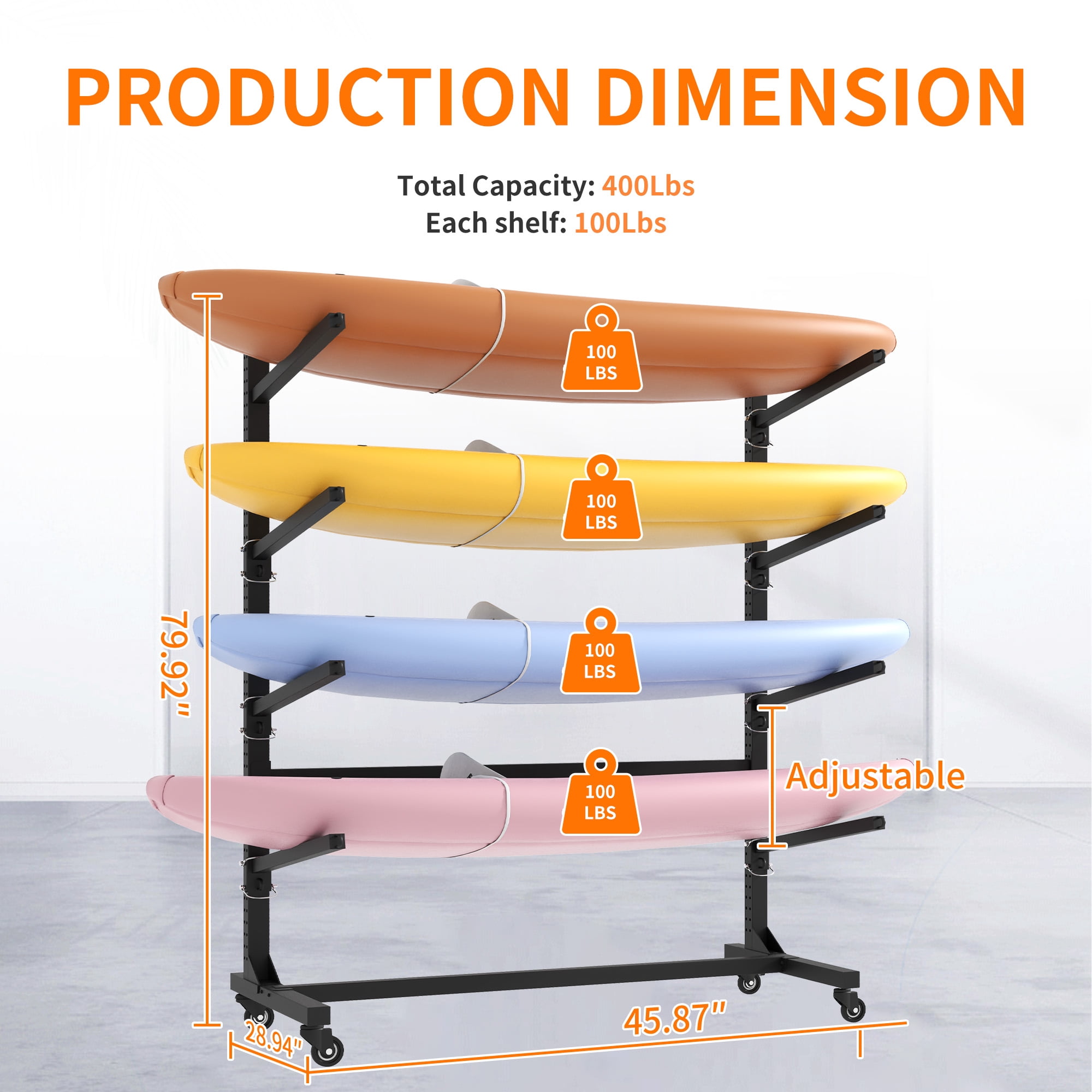 Alvantor Kayak Storage Rack, 4 Layer Metal Adjustable Stand with Wheels for Kayak, Canoe, SUP & Surfboard, 45.9"*29"*80" Black