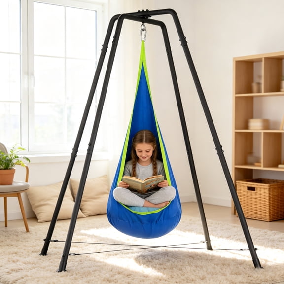 Heavy Duty Sensory Swing Chair with Stand, 330lbs X-Shaped Stable Frame Indoor Outdoor Hanging Pod Chair for Kids Adults, Blue