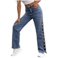 thumbnail image 5 of Olyvenn Women's High Waist Cutout Zip Button Jeans, Hollow Out Straight Leg Denim Trousers with Pockets, Outdoor Casual Streetwear Dark Blue L, 5 of 9