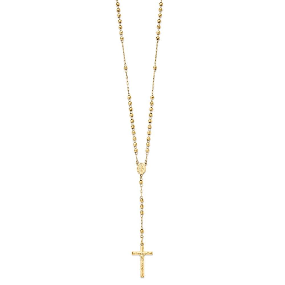 14K Yellow Gold Diamond-Cut 4mm Beaded Rosary Necklace -24" (24in x 3mm) by