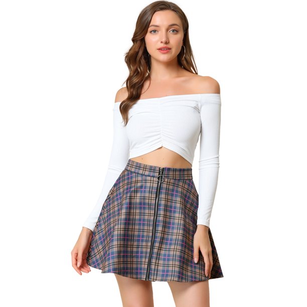 Minifalda Allegra K de cuadros estilo patinadora metálica con cremallera y cintura alta Multicolor S