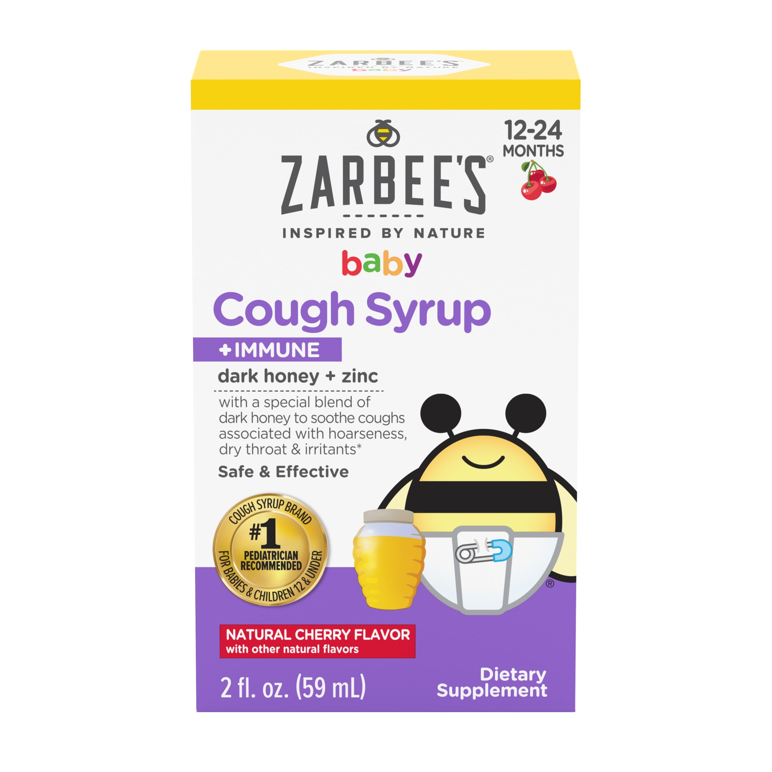 Zarbee's Baby Cough Syrup + Immune with Honey & Zinc, Natural Cherry Flavor, 2 Fl Oz