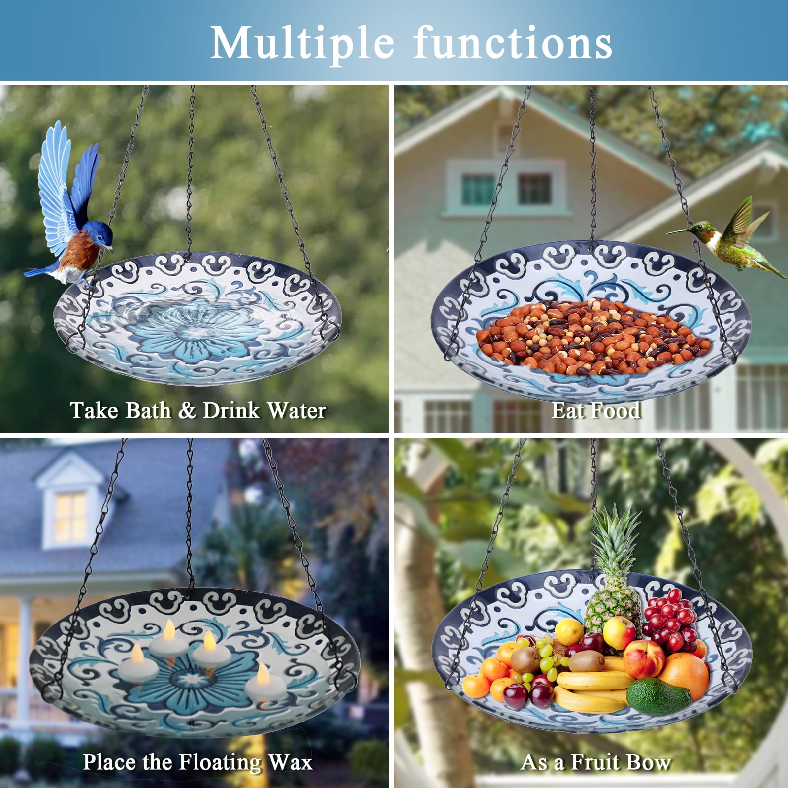 MUMTOP Hanging Glass Bird Bath, Blue and White Porcelain for Garden and Patio Decor