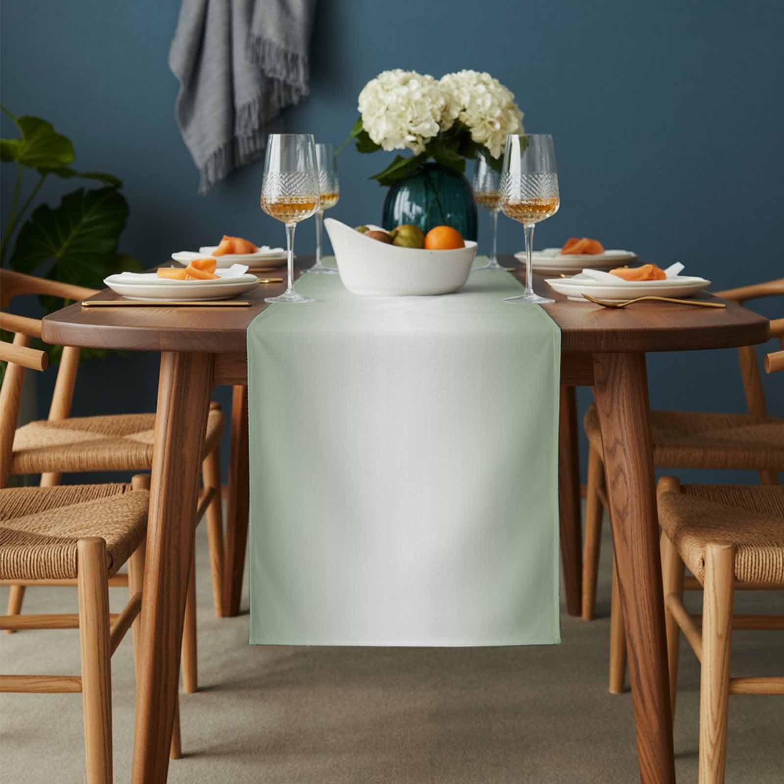 Sage Green Table Runner 13x108 inch and White Gradient Cotton Linen Dining Table Runner Ideal for Dresser Kitchen Coffee Tables - Machine Washable