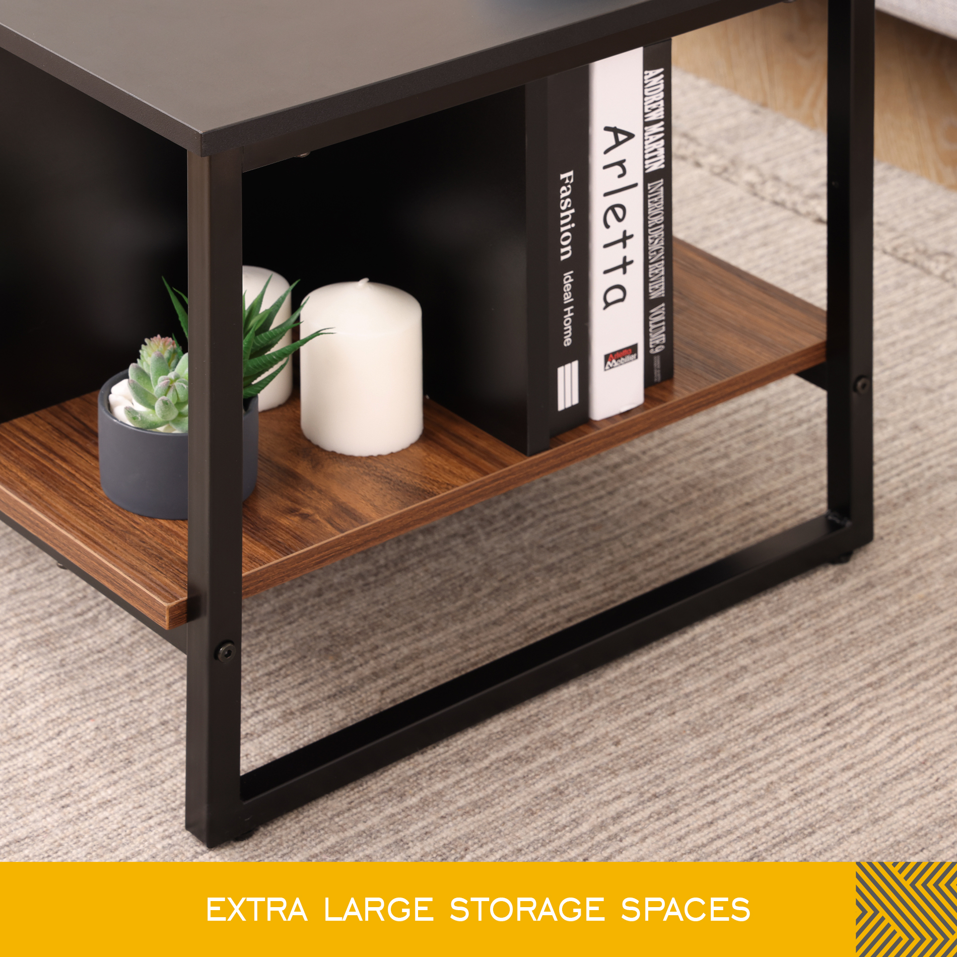 FITUEYES Industrial Wood and Metal with Shelves Coffee Table, Walnut/Black