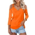 thumbnail image 2 of Summer Tops LEBONYARD Womens Tops Clearance,Women Solid 3/4 Sleeve V-Neck Pullover Strapless Tops Shirts Blouse Orange XXL, 2 of 7