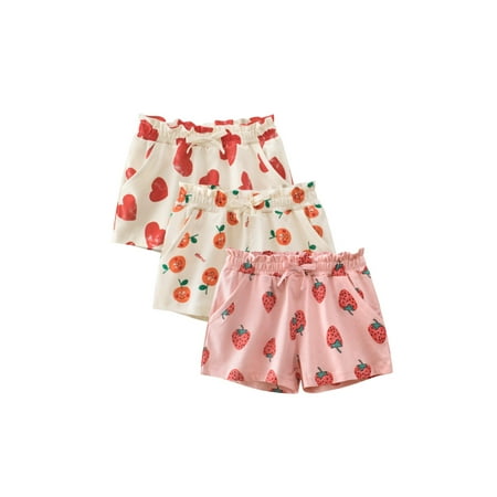 Phenas Toddler Girls Summer Cotton Casual Fruit Printed Pull on Elastic Waistband Shorts,Pack of 3