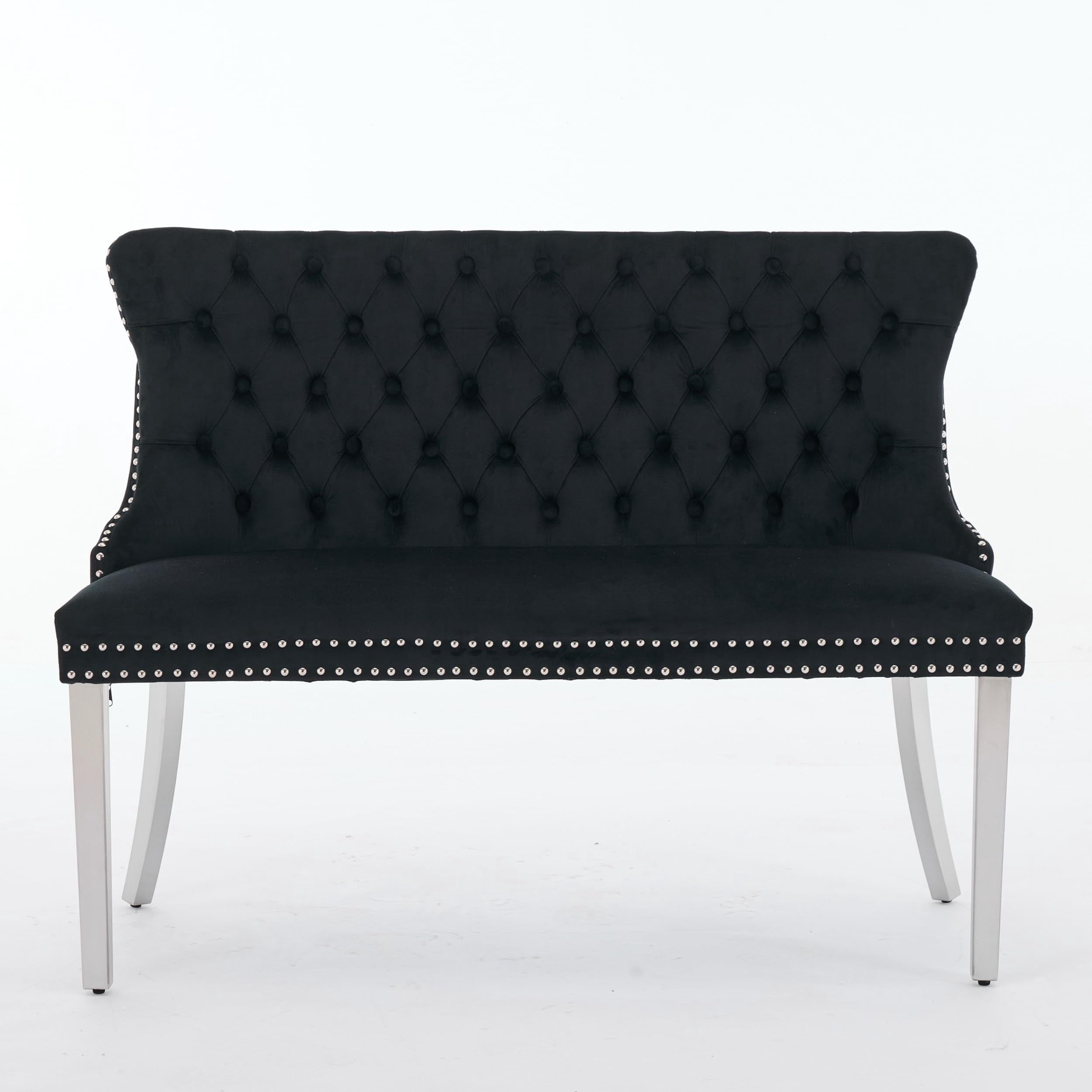 Velvet Double Dining Loveseat Bench, Black 2-Seat Tufted Wing Back with Brushed Silver Stainless Steel Legs, Mid Century Modern Kitchen & Dining Seating