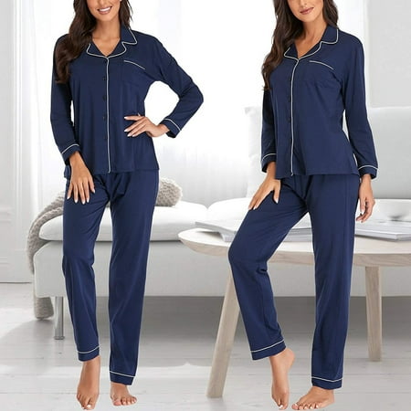 

PhoneSoap Women s Pure Color Cotton Long Sleeve Pajamas Slim Homewear Tops Pants Set Blue M