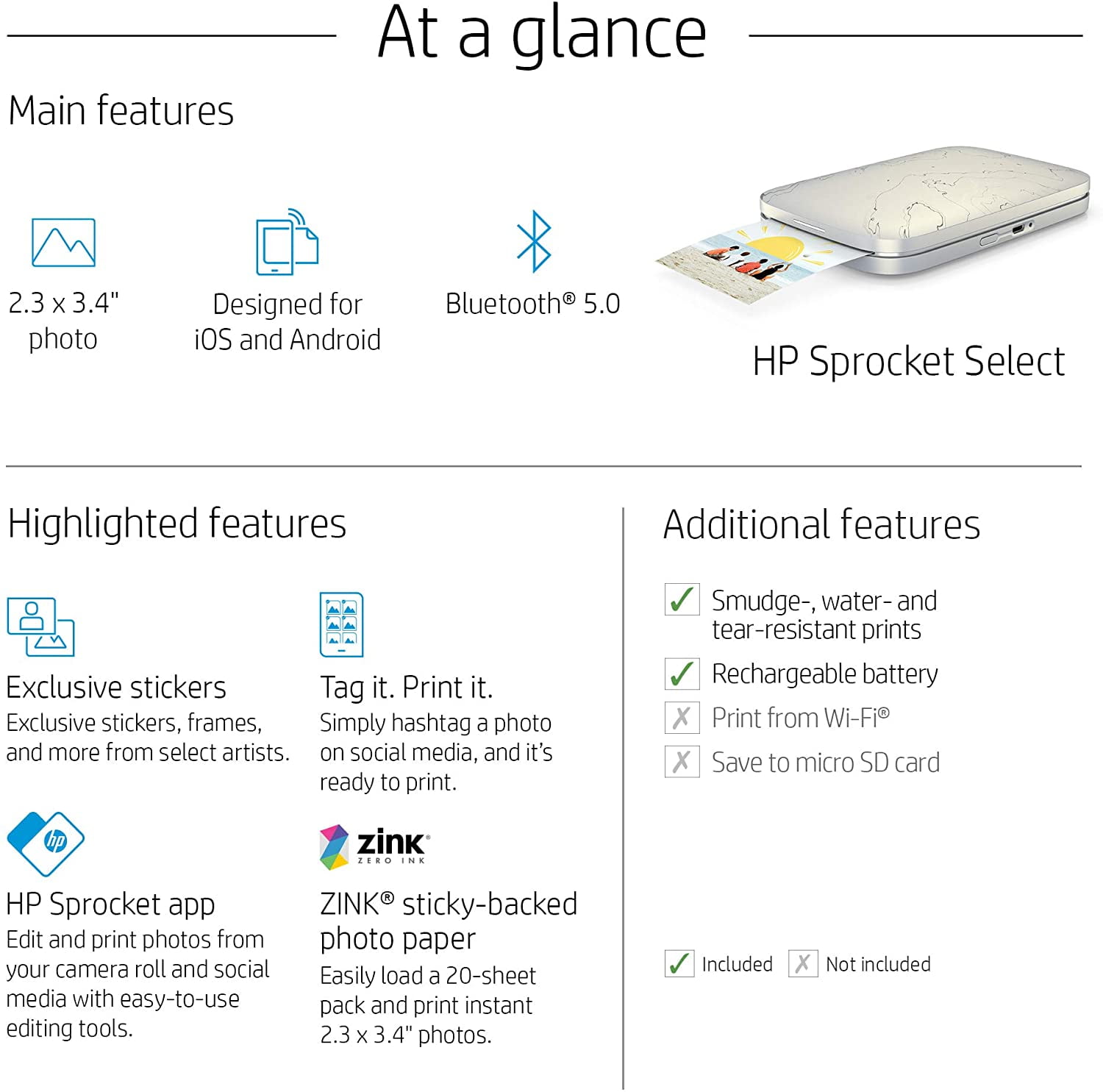 HP Sprocket Select Imprimante photo portable pour appareils