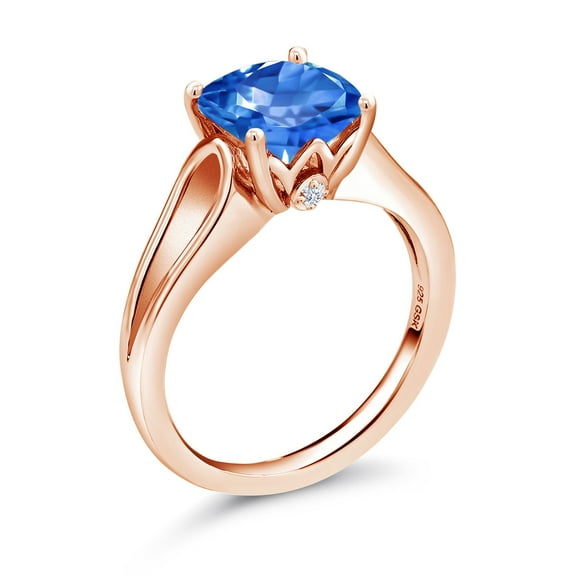 Gem Stone King 18K Rose Gold Plated Silver Solitaire with Accent Stones Ring 9mm Set with Fancy Blue Zirconia (Size 7)