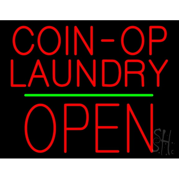 Red Coin-Op Laundry Block Open Green Line LED Neon Sign 15" Tall x 19" Wide - inches, Black Square Cut Acrylic Backing, with Dimmer - Bright and Premium built indoor LED Neon Sign for Storefront.