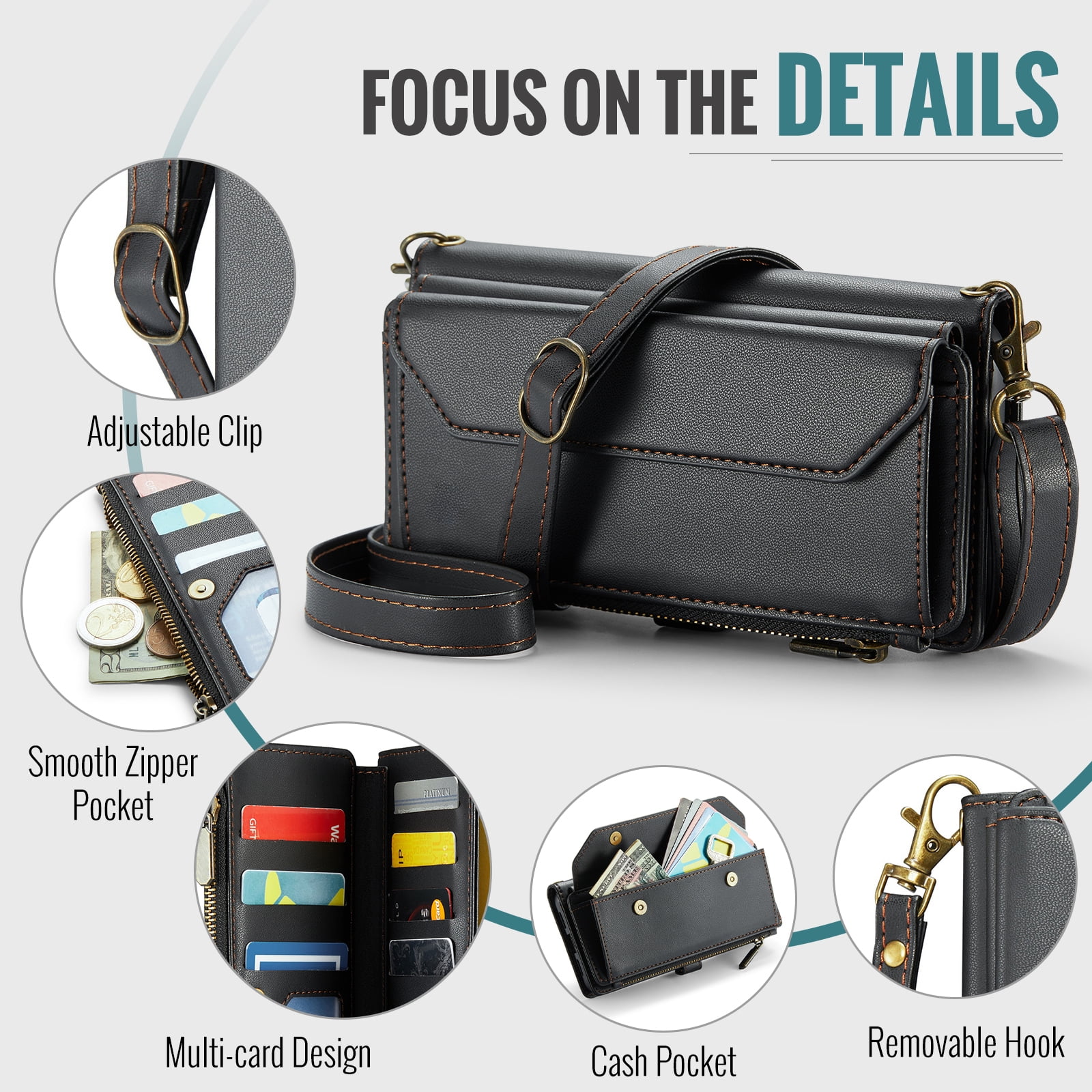 Compatible with Samsung Galaxy A13 5G Zipper Wallet Phone Case Tempered Glass Screen Protector Crossbody Lanyard Strap Flip Card Holder Slot Cell Cover for A04S M13 G5 A 13 2022 13A A135G Women Black
