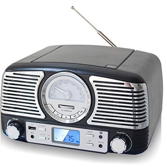 TechPlay QT62BT Negro, CD estéreo compacto de diseño retro, con botón giratorio AM/FM, recepción inalámbrica Bluetooth y puerto USB. con entrada AUX y conector para auriculares (negro)