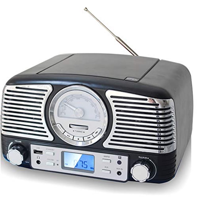 TechPlay QT62BT Negro, CD estéreo compacto de diseño retro, con botón giratorio AM/FM, recepción inalámbrica Bluetooth y puerto USB. con entrada AUX y conector para auriculares (negro)