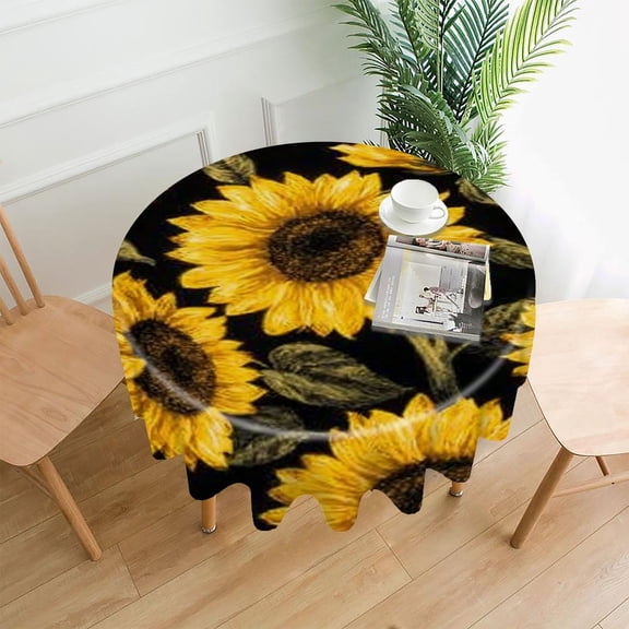RKSupls 60 Inch Round Tablecloth, Sunflowers Black Background Premium Polyester Straight Edge Wrinkle Resistant Washable Table Cover for Party Home Dining Decor
