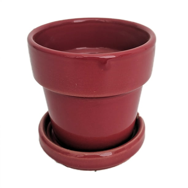 Glazed Ceramic Pot/Saucer plus Felt Feet Paprika/Red 2 3/4" x 3" 18815