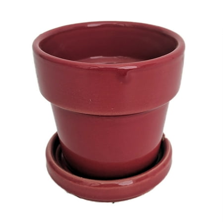 Red Glaze Ceramic - Glazed Ceramic Pot/Saucer plus Felt Feet - Paprika/Red - 2 3/4