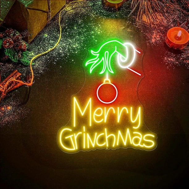 Letrero de neón personalizado de Feliz Grinchmas, letreros de neón LED Grinch, decoración de habitación, arte ligero, decoración de pared del hogar de Navidad, luces de neón