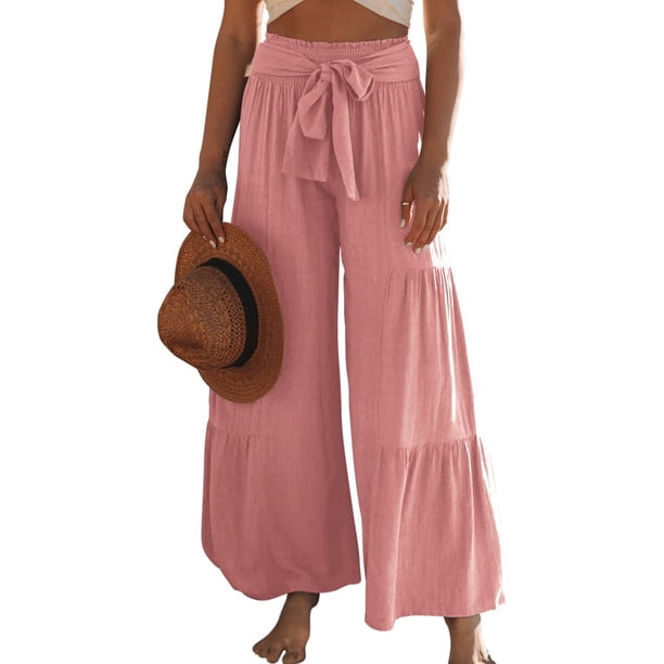 VISgogo Pantalones de pierna ancha para mujer, cintura alta, color sólido, con cordón, informal, para fiesta, club, pantalones sueltos VISgogo moda