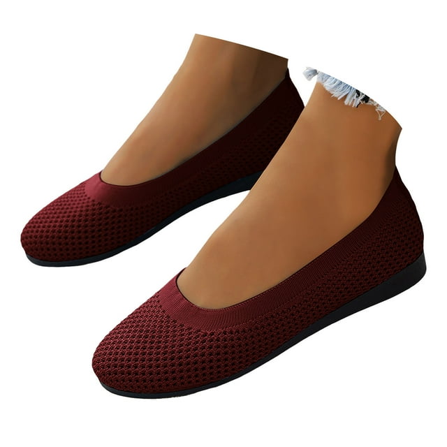 Dakaela Ballerines pour Femmes à Bout Rond en Tricot à Enfiler Ballerines de Marche Mocassins à Petit Talon Compensé Bourgogne 7