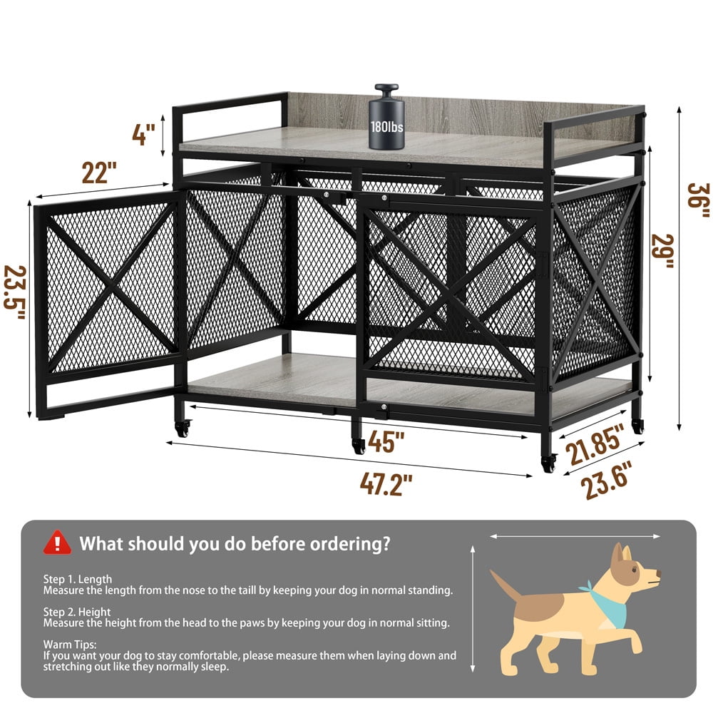 48 inch Dog Crate Furniture for Large Breeds (Up to 90 lb), Wooden & Steel, 360° Casters, Waterproof Top, Steel Lock,Textured Gray
