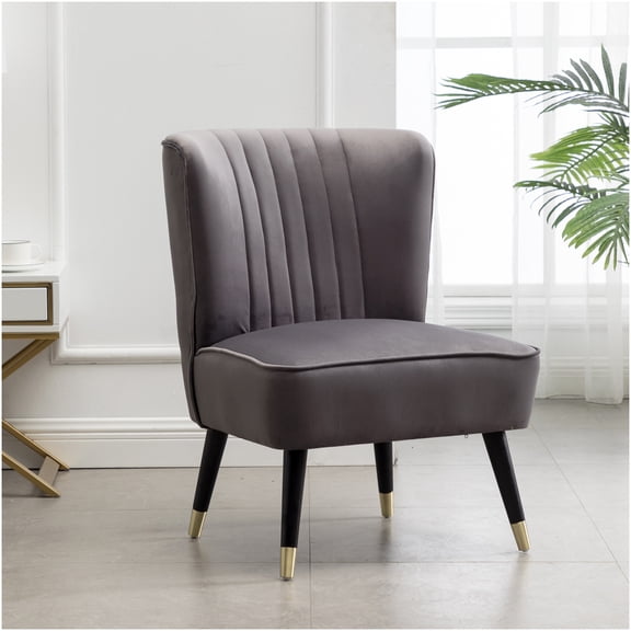 Modern Gray Velvet Accent Chair with Rubberwood Legs for Living Room Decor