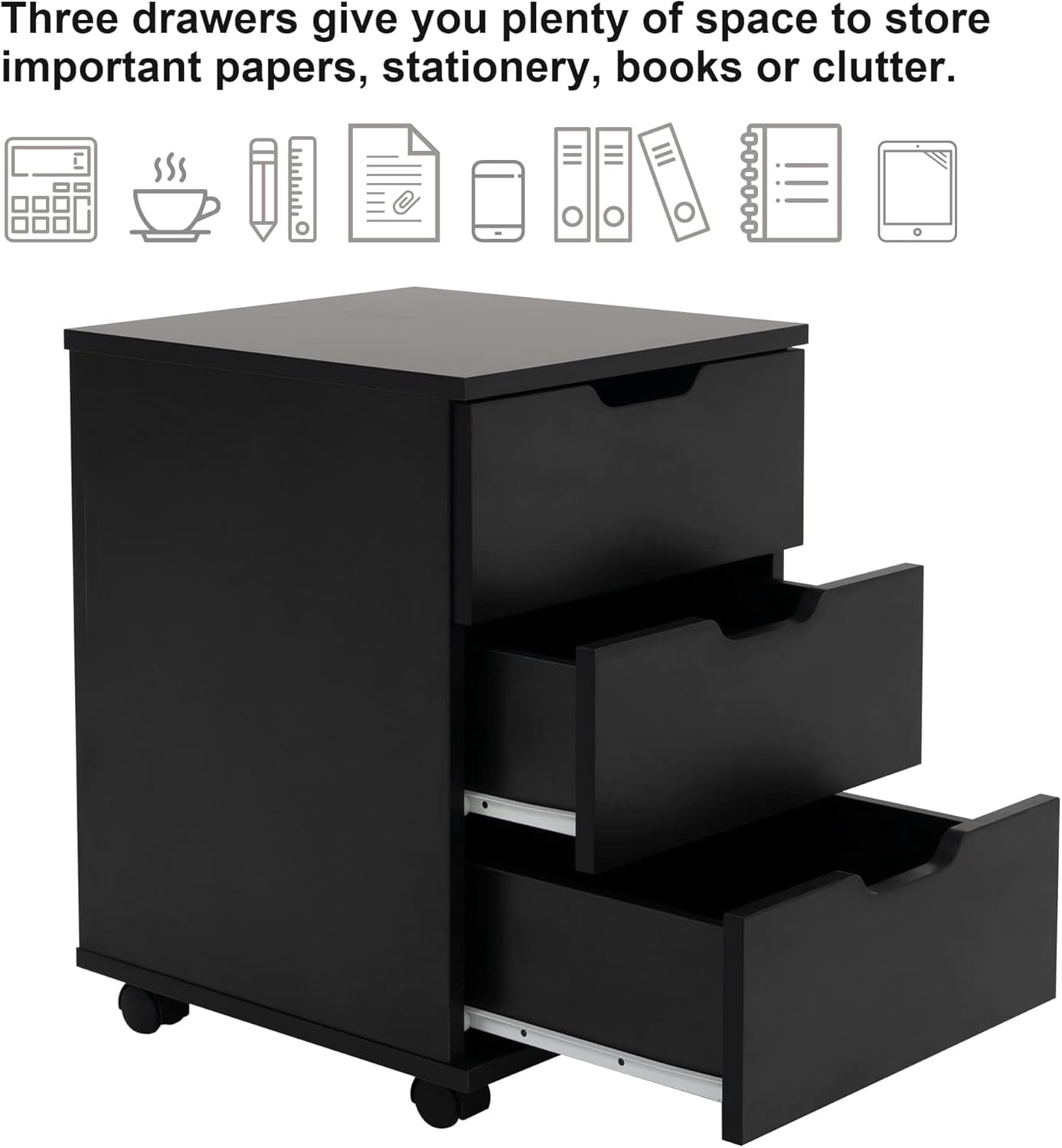 3-Drawer Black Vertical Filing Cabinet Rolling Wood Mobile File Cabinets Under Desk for Home Office with Casters (Black, Fully Assembled)