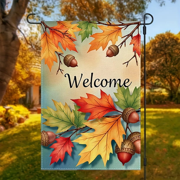 Bandera de jardín de otoño de 30 x 45 cm con diseño de calabaza, hoja de arce y anciano. Decoración de Acción de Gracias. Bandera pequeña para patio. Banderas de lino.