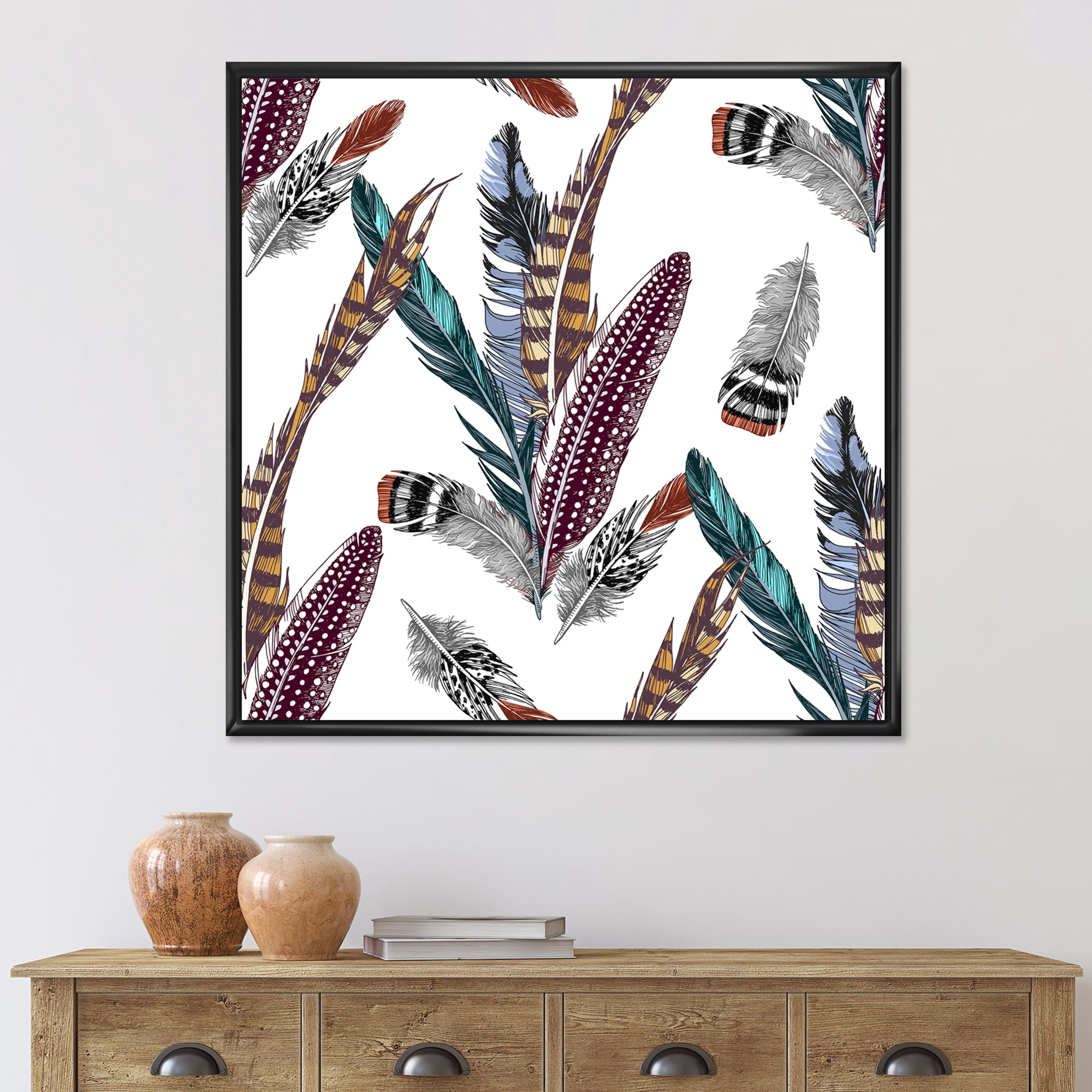 Designart 'Colourful Boho Art Feather Set V' Bohemian & Eclectic Framed Canvas Wall Art Print