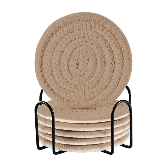 Haosy Set of 6 Drink Woven Coaster with Holder Heat Resistant Non-Slip Bar Coasters 4 Inches Mojave Tan