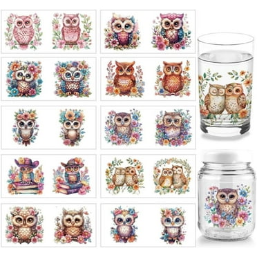 10 Sheets Owl UV DTF Cup Wrap for 16OZ Glass Flowers Books Birds Rub on Decals Animal Theme Cup Wrap PVC Transfer Stickers for DIY Cups Bottle Wood Furniture Garden Decor