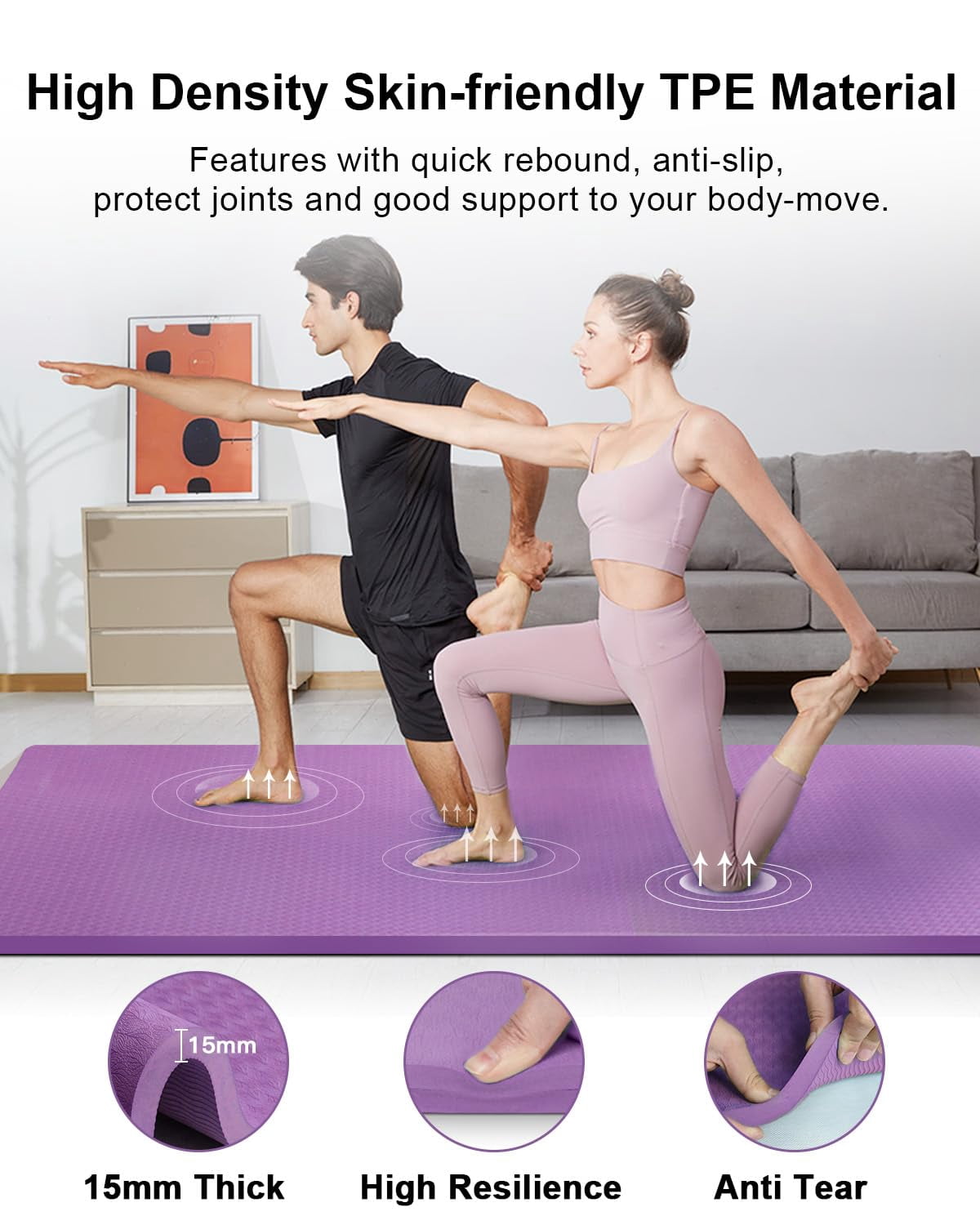 YR Large Exercise Mat 1/2" Thick TPE 78"X51" Yoga Heavy Duty Workout Gymnastic Mat, Purple
