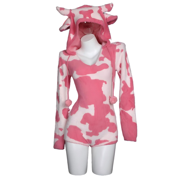 MOBBUNNY Women's Pink Milk Cow Pattern Fluffy Jumpsuit Cute Hooded Bodysuit for Homewear