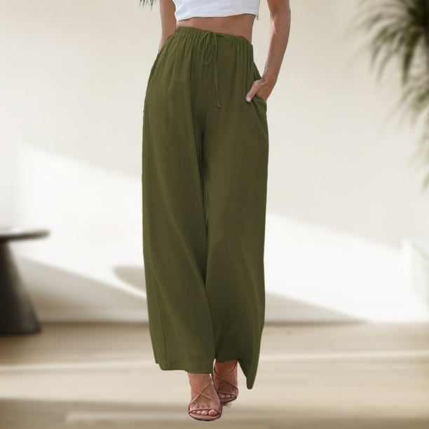 Pantalones De Pierna Ancha Pantalon Baggy Femme Solide Coton Lin Pantalon Decontracte Femme Pantalon Army Green L Cgtredaw para Mujer ejercito verde T L Bodega Aurrera en linea