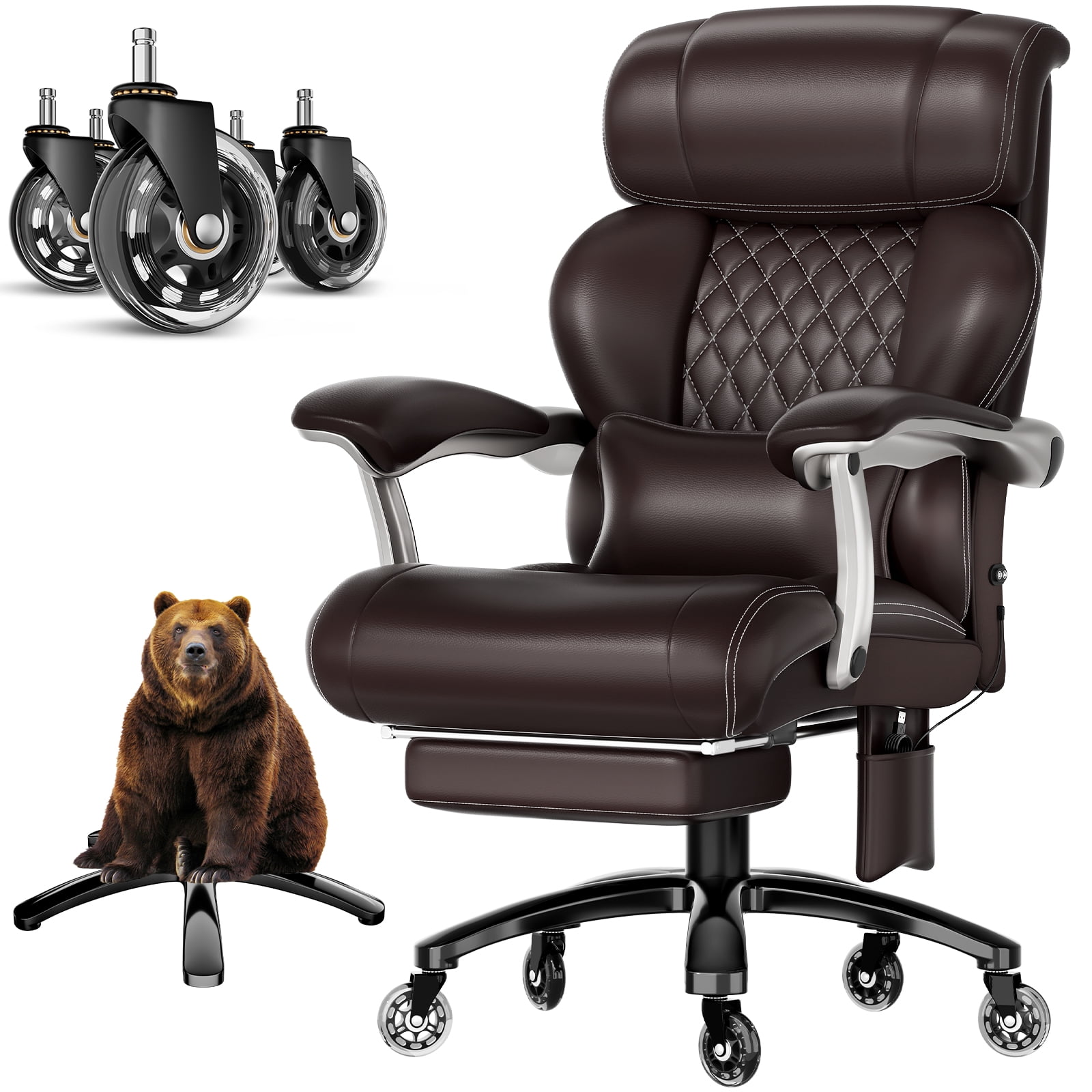 Heavy Duty Big and Tall Office Chair, 7.83Hz Schumann Resonance Relax Chair with Heating Function, Silent Rubber Casters, Thick Padded Seat, Brown